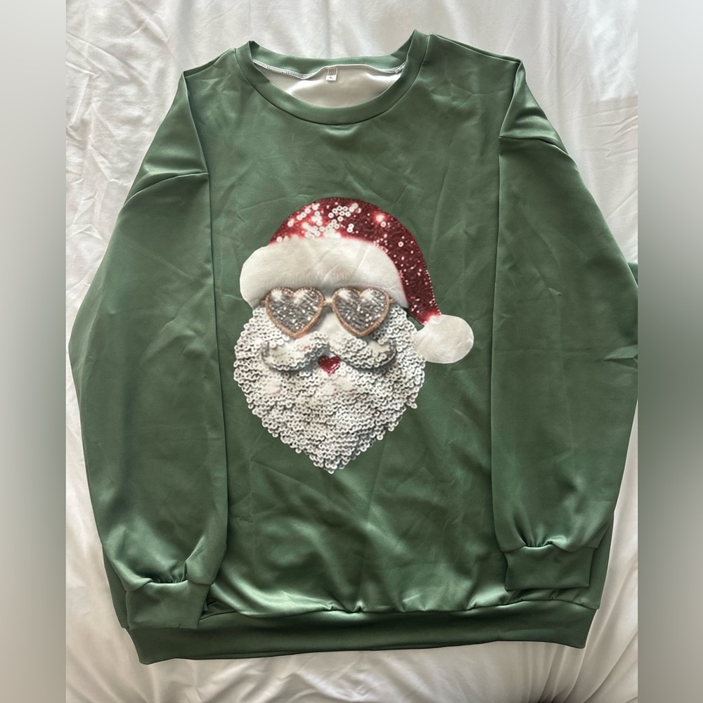 Santa sparkly sunglasses sweatshirt green. No sequins